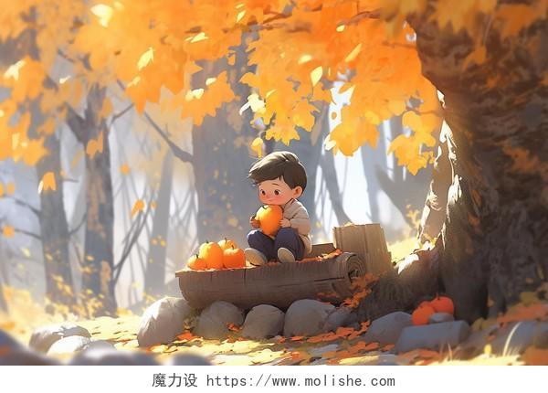 小男孩坐在树桩上吃柿子3D立体AI插画秋天立秋秋游树林枫叶